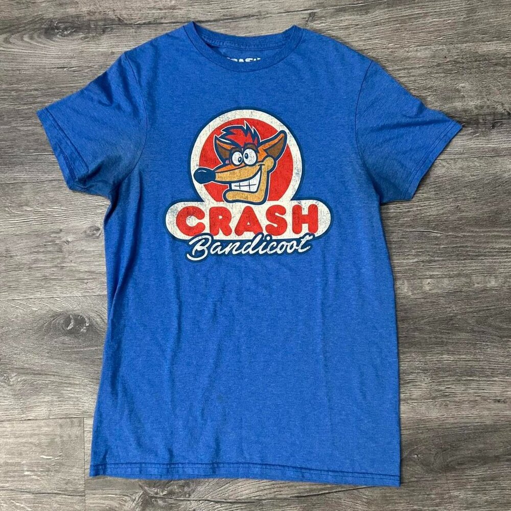 💎 3/$30 Crash Bandicoot 90s Gamer Shirt Blue Mens Size Small PlayStation Y2K